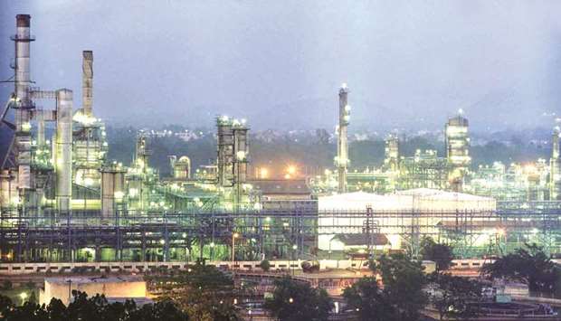 A Reliance Industries petrochemical plant is seen at night in Jamnagar, Gujarat.