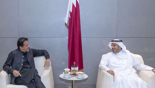HE the Prime Minister and Interior Minister Sheikh Abdullah bin Nasser bin Khalifa al-Thani meeting with Pakistan Prime Minister Imran Khan in Doha