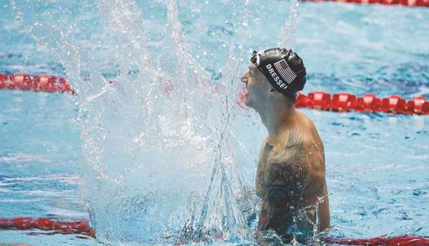 Caeleb Dressel of the US celebrates winning the menu2019s 100m freestyle final at the FINA World Swimming Championships in Gwangju, South Korea, yesterday. (Reuters)