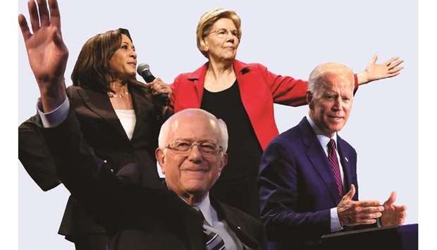 IN THE FRAY: From left, Kamala Harris, Bernie Sanders, Elizabeth Warren and Joe Biden. The two ladies are engaged in a tight race from the same voting segments, in particular, and a divided share with the men in general.