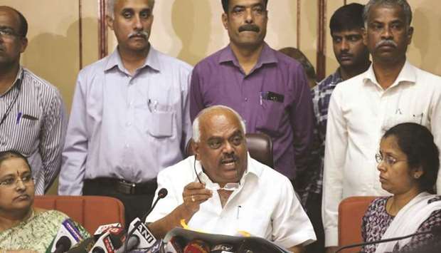 Karnataka Assembly Speaker K R Ramesh Kumar addresses a press conference at the Vidhana Soudha in Bengaluru yesterday.