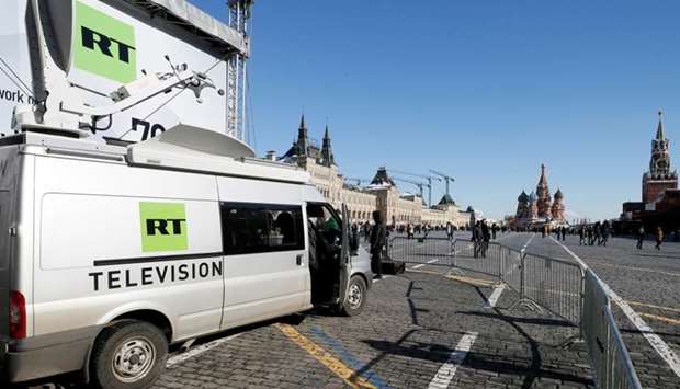 Vehicles of Russian state-controlled broadcaster Russia Today (RT) are seen at Red Square in central Moscow. File picture: March 18, 2018
