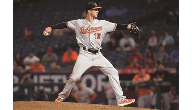 Baltimore Orioles center fielder Stevie Wilkerson throws in relief against the Los Angeles Angels during the sixteenth inning at Angel Stadium of Anaheim. PICTURE: USA TODAY Sports