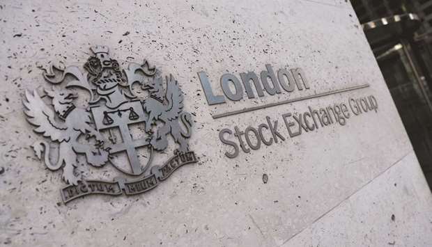 A signage is seen outside the entrance of the London Stock Exchange in Britain.