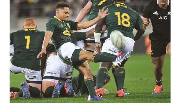 South Africau2019s Herschel Jantjies kicks the ball during the Rugby Championship match against New Zealand in Wellington on Saturday. (AFP)