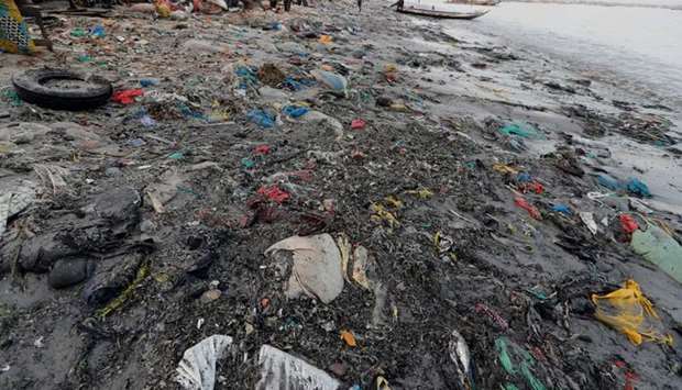 Plastic waste is seen at a fishermen port on the outskirts of Dakar, Senegal