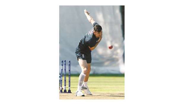 Englandu2019s James Anderson during a net session in Birmingham yesterday. (Reuters)