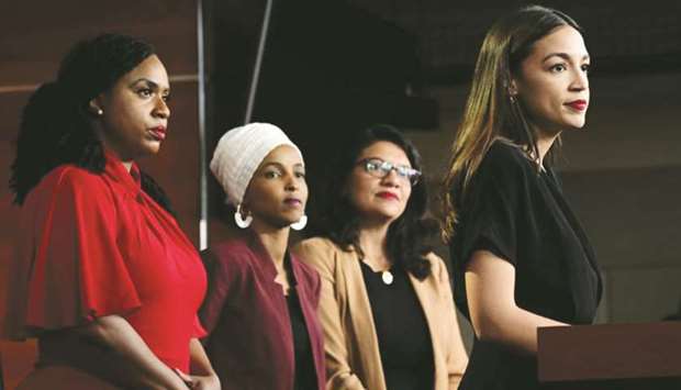 US Representatives Ayanna Pressley, Ilhan Omar, Rashida Tlaib and Alexandria Ocasio-Cortez holding a news conference on Capitol Hill in Washington DC on July 15.