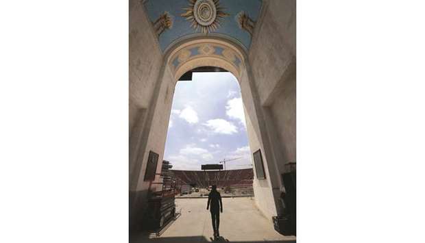 ENTRANCE: A mural beneath the peristyle at the Los Angeles Memorial Coliseum was recenly restored to its former glory. It was painted by Heinz and Igor Rosien in 1969.
