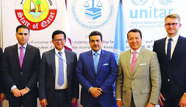 HE the Attorney General of Qatar and the United Nations Special Advocate against Corruption, Dr Ali bin Fetais al-Marri, with the Assistant Secretary-General of the United Nations and Executive Director of the United Nations Institute for Training and Research (UNITAR), Nikhil Seth, and other officials.
