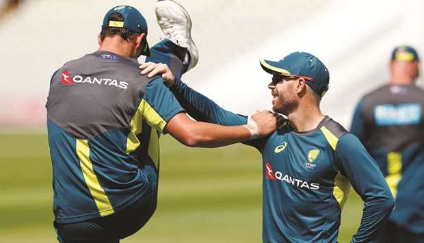 Australiau2019s David Warner (right) and Mitchell Starc during a net session. (Reuters)
