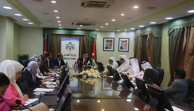 Jordan's Minister of Labour Nedal el-Batayneh in a meeting with a Qatari delegation, including Qatar Chamber director general Saleh bin Hamad al-Sharqi, who represented the private sector.