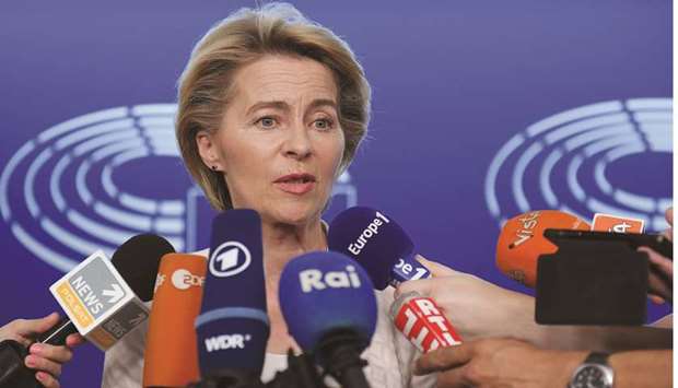 German Defence Minister Ursula von der Leyen speaks to journalists during the first plenary session of the newly-elected European Assembly at the European Parliament in Strasbourg yesterday.