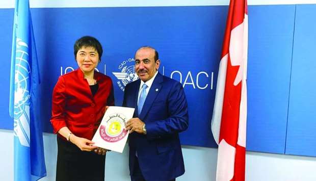 HE the Minister of Transport and Communications Jassim Saif Ahmed al-Sulaiti with the Secretary General of the International Civil Aviation Organisation Dr Fang Liu at the ICAO office in Montreal, Canada