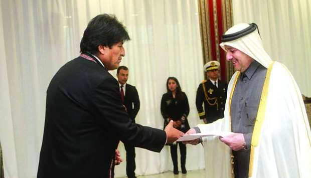 Bolivia President Evo Morales Ayma has received the credentials of HE the Ambassador of the State of Qatar (non-resident) to Bolivia Ali bin Hamad al-Sulaiti. The ambassador conveyed the greetings and wishes of good health and happiness from His Highness the Amir Sheikh Tamim bin Hamad al-Thani to the president as well as His Highness's wishes of progress and prosperity to the government and people of Bolivia. The President entrusted the ambassador to convey his greetings to His Highness the Amir and his wishes of prosperity and progress to the people of Qatar.