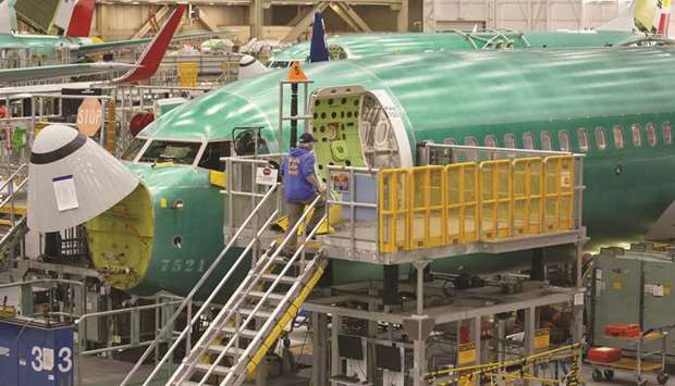 A Boeing 737 MAX airplane sits on the production line at the companyu2019s manufacturing facility in Renton, Washington, US in March.
