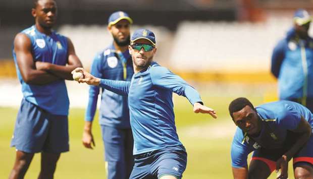 South Africau2019s captain Faf du Plessis goes through fielding drills with his teammates at Old Trafford in Manchester, Britain, yesterday. (Reuters)
