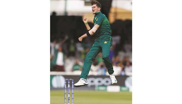 Pakistan fast bowler Shaheen Afridi celebrates after taking the wicket of Bangladeshu2019s Mustafizur Rahman to win the match during the ICC Cricket World Cup at Lordu2019s in London, Britain, yesterday. (Reuters)