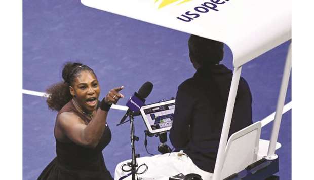 In this September 8, 2018, picture Serena Williams argues with chair umpire Carlos Ramos during the US Open final against Naomi Osaka.