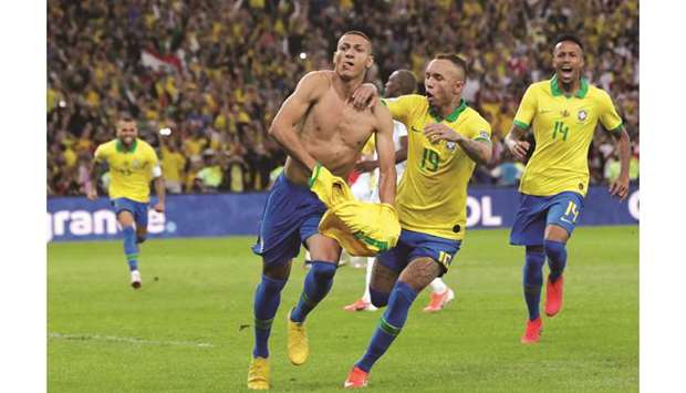 Brazilu2019s Richarlison celebrates after scoring against Peru in the Copa America  final in Rio de Janeiro. (Reuters)