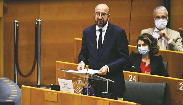 EU president Charles Michel addressing the European Parliament in Brussels on Wednesday. Michel, who will chair the first face-to-face meeting of EU leaders since coronavirus lockdowns were lifted, proposed a smaller 2021-27 budget in a bid to make a mass economic stimulus more palatable to thrifty northern countries.