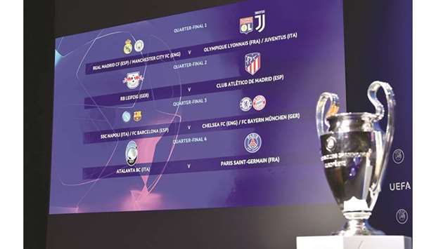 A screen displays the results of the UEFA Champions League final stage draw in Nyon, Switzerland. (AFP)