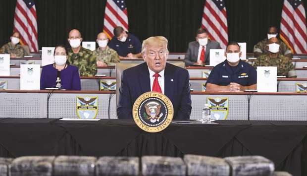 President Donald Trump speaks as he is briefed on enhanced narcotics operations at the US Southern Command in Doral, Florida, yesterday.