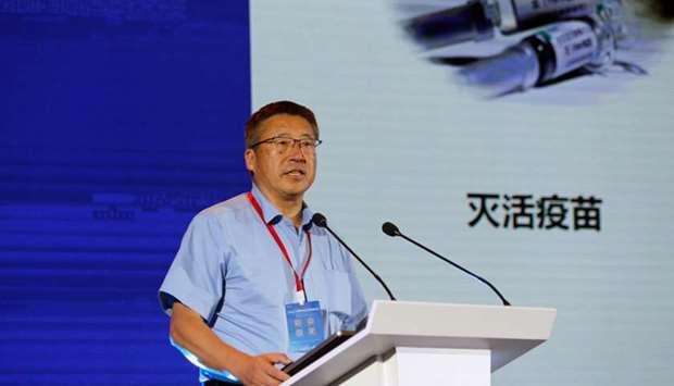 Co-Founder of CanSino Biologics Qiu Dongxu delivers a speech on the progress of company's coronavirus vaccine candidate at the China Anti-viral Drug Innovation Summit, following the outbreak of the coronavirus disease, in Suzhou, Jiangsu province, China