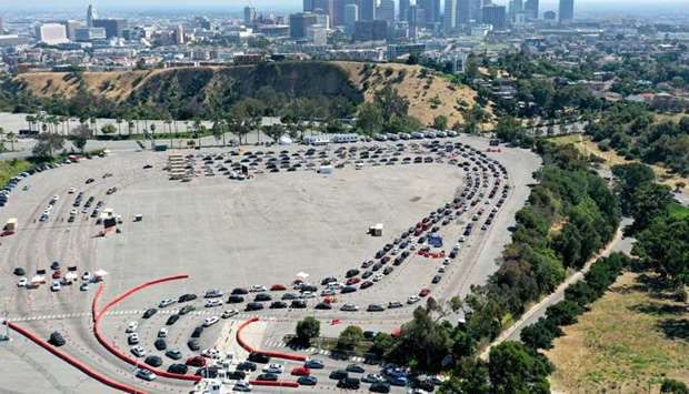An aerial view of motorists lined up to be tested for COVID-19 in a parking lot at Dodger Stadium amid the coronavirus pandemic in Los Angeles, California