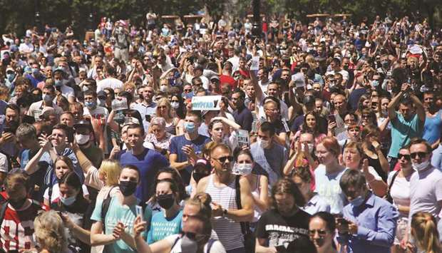 Russians take part in a rally in support of regional governor Sergei Furgal in Khabarovsk yesterday.