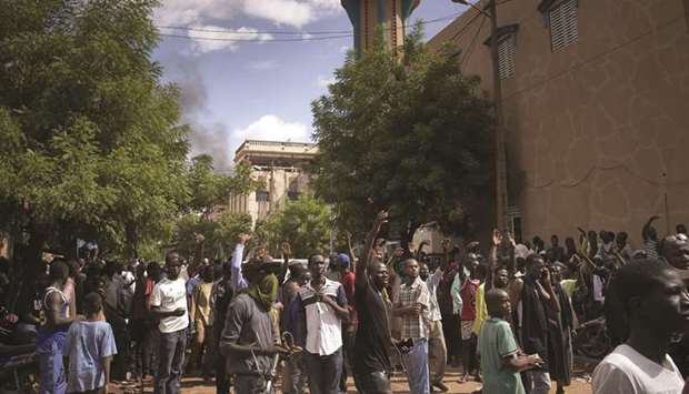 Protesters gather in front of the Salam mosque of Badalabougou in Bamako yesterday.