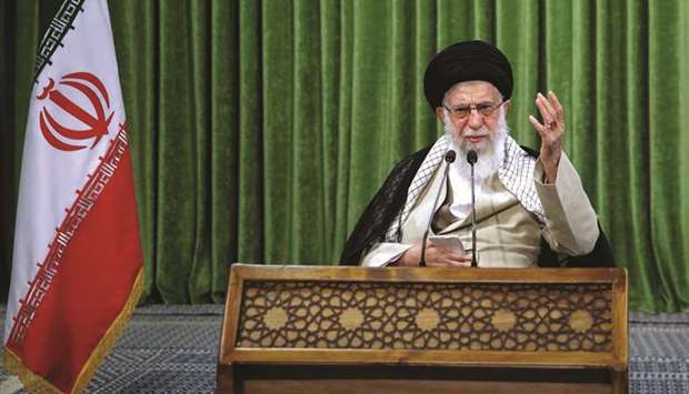 A handout picture provided by the office of Iranu2019s Supreme Leader Ayatollah Ali Khamenei yesterday shows him addressing lawmakers during a virtual meeting in Tehran.