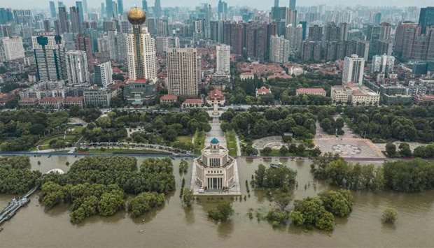 Aerial photo shows a closed park due to the high water level of the Yangtze River in Wuhan in China's central Hubei province.