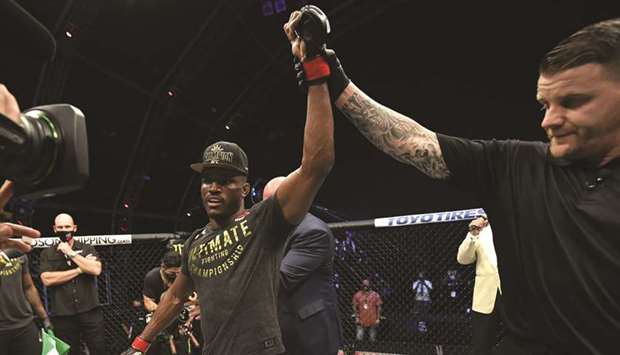 Kamaru Usman of Nigeria celebrates after his victory over Jorge Masvidal in their UFC welterweight championship fight during the UFC 251 event in Abu Dhabi. PICTURE: USA TODAY Sports