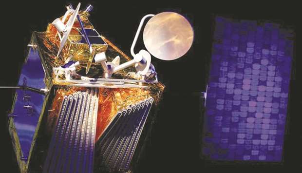 FILE PHOTO: A scale model of an Airbus OneWeb satellite and its solar panel are pictured as Airbus announces annual results in Blagnac, near Toulouse, France.