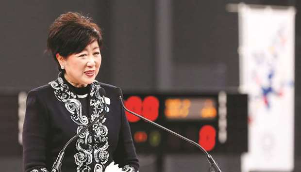 Tokyo governor Yuriko Koike speaks at the opening ceremony of the Ariake Arena, which was due to host volleyball and wheelchair basketball competitions in the now-postponed 2020 Olympic Games in Tokyo. (Reuters)