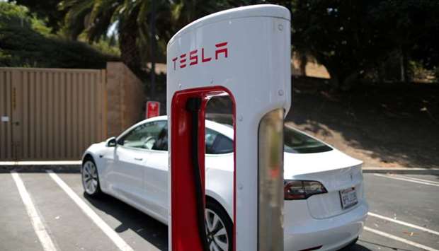 A Tesla SuperCharger station is seen in Los Angeles, California,