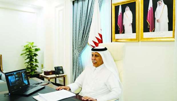 HE the Speaker of the Shura Council Ahmed bin Abdullah bin Zaid al-Mahmoud, chairing the meeting of the executive committee of the Global Organisation of Parliamentarians Against Corruption, via video conference.