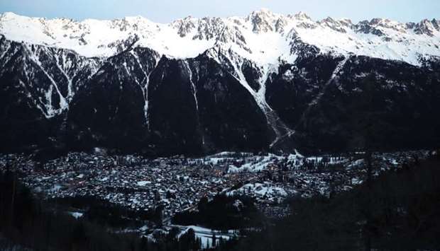 This file photograph taken on February 13, 2020, shows a view of the town and ski resort of Chamonix, located at the base of Mont Blanc in the French Alps, and near the junction of France, Italy and Switzerland. AFP