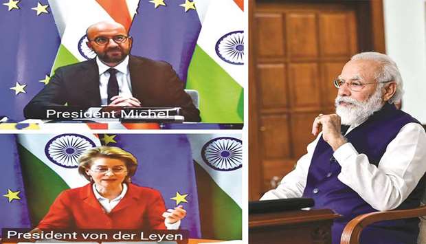 Prime Minister Narendra Modi attends the India-EU Virtual Summit 2020 through video conference with President of the European Council Charles Michel (screen top) and President of the European Commission Ursula von der Leyen, yesterday.