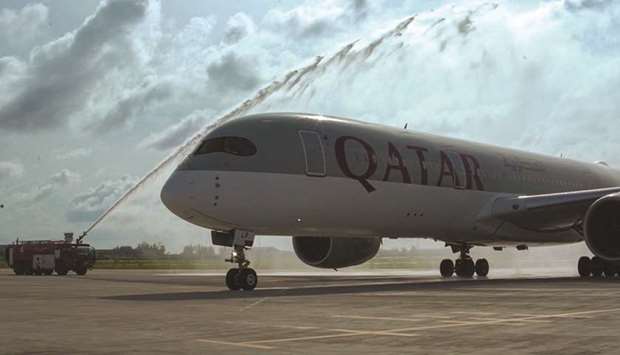 The first daily service touched down at Velana International Airport yesterday morning, marked with a water cannon salute.