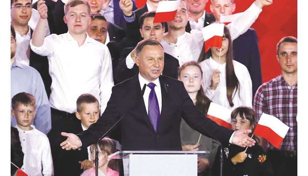 Polish President and presidential candidate of the Law and Justice (PiS) party Andrzej Duda speaks to supporters in Pultusk on Sunday night.