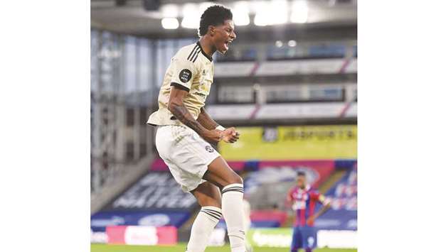 Manchester Unitedu2019s Marcus Rashford celebrates after scoring against Crystal Palace during the Premier League match on Thursday night. (Reuters)