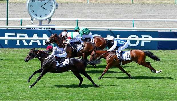 Vincent Cheminaud (foreground) rides Al Shaqab Racingu2019s Qous to Prix du Mont Alta victory at Chantilly in France yesterday. (Scoopdyga)