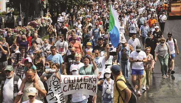 People take part in a rally in support of arrested regional governor Sergei Furgal in Khabarovsk on Saturday.