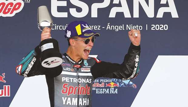 Petronas Yamaha SRTu2019s Fabio Quartararo celebrates winning the Spanish Grand Prix at the Circuito de Jerez yesterday. (Reuters)