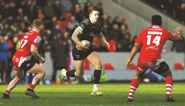 Toronto Wolfpacku2019s Sonny Bill Williams in action against Salford Red Devils during their Super League match at the AJ Bell Stadium in Salford, Britain, on February 8, 2020.