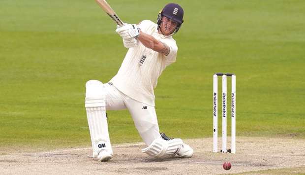 Englandu2019s Ben Stokes plays a shot on the final day of the second Test match between England and the West Indies at Old Trafford in Manchester on Monday.