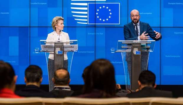 harles Michel, president of the EU Council (right), speaks while Ursula von der Leyen, European Commission president, listens during a news conference in Brussels, Belgium (file).