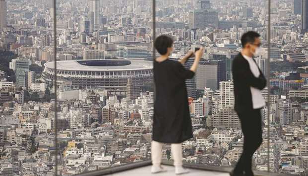 The National Stadium, the main stadium of Tokyo Olympics and Paralympics, is seen at an observation deck in Tokyo, Japan, on Monday. (Reuters)